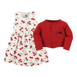 Cherry Print Dress with Red Cardigan